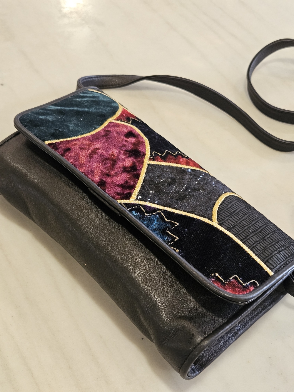 VTG Carlos Falchi "Collage" Black Leather & Velvet Mosaic Flap Crossbody Purse
